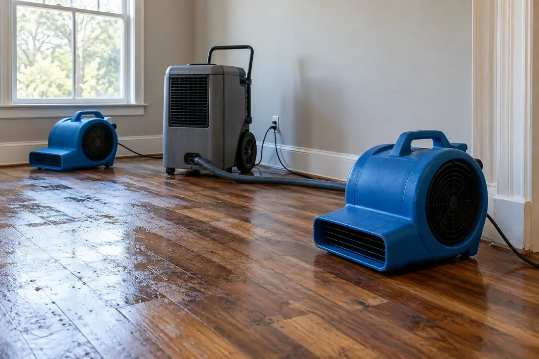 AI-generated scene of air movers and a dehumidifier drying a water-affected room