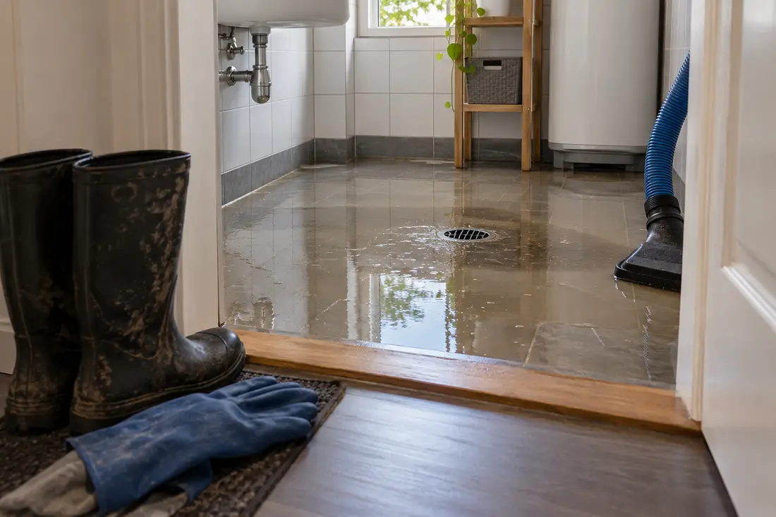 AI-generated scene of a drain-backup cleanup area with protective equipment at a dry threshold